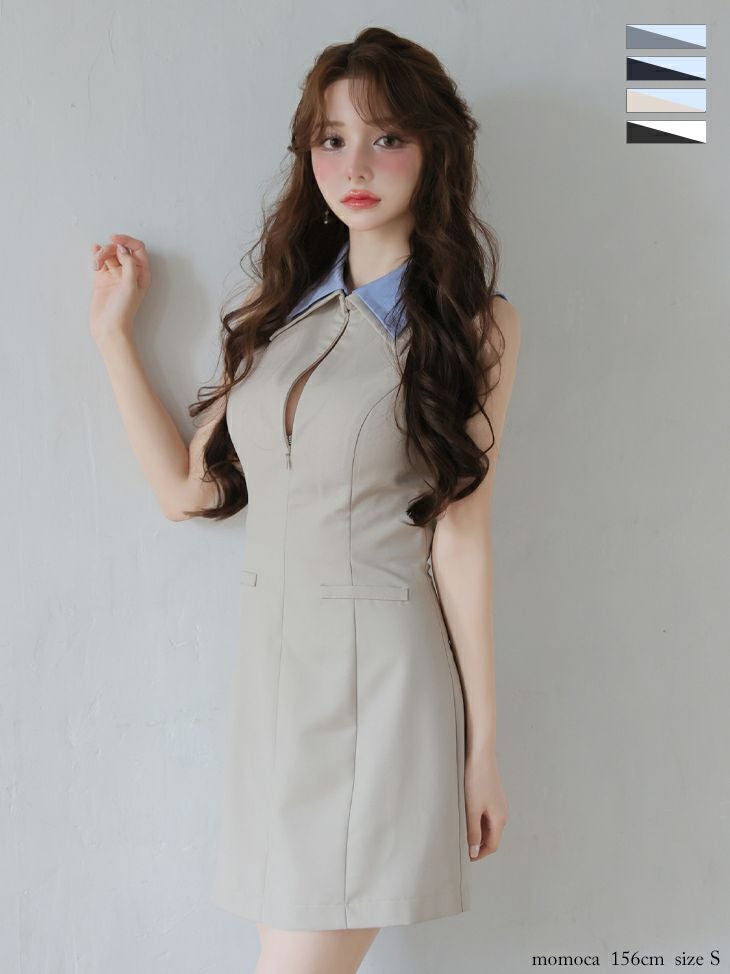 キャバドレス ROBEdeFLEURS ローブドフルール バイカラー シンプル ノースリーブ キーホールカット 襟付き ノースリーブ フレアミニドレス