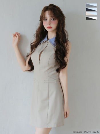 キャバドレス ROBEdeFLEURS ローブドフルール バイカラー シンプル ノースリーブ キーホールカット 襟付き ノースリーブ フレアミニドレス