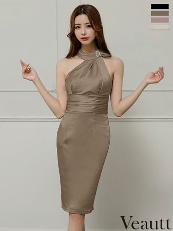 キャバドレス Veautt ヴュート ホルターネック ドレープ ビジュー ウエストマーク エレガント 膝丈ドレス