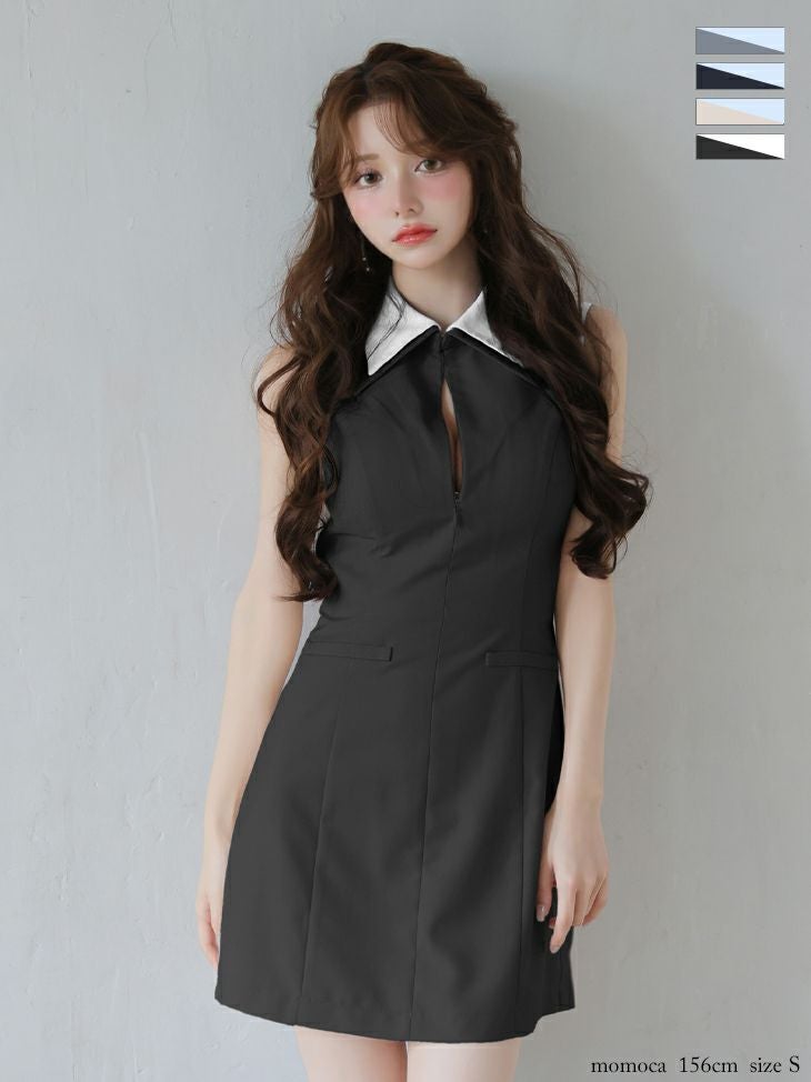 キャバドレス ROBEdeFLEURS ローブドフルール キーホールカット 襟付き ノースリーブ バイカラー シンプル ノースリーブ フレアミニドレス