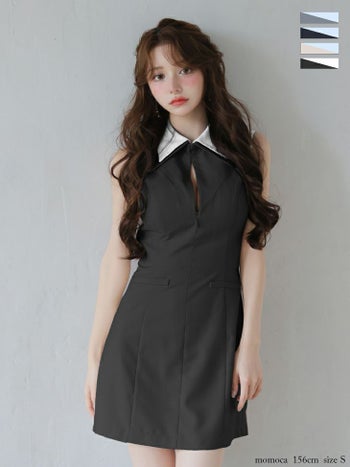 キャバドレス ROBEdeFLEURS ローブドフルール キーホールカット 襟付き ノースリーブ バイカラー シンプル ノースリーブ フレアミニドレス