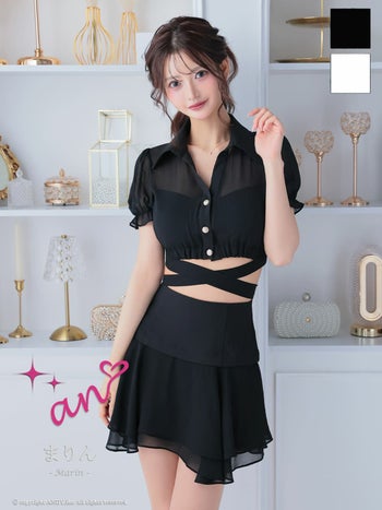 キャバドレス an 半袖 セットアップ 襟付き シースルー ウエストクロス パフスリーブ ティアード フレアミニドレス