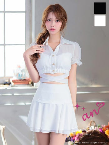 キャバドレス an セットアップ 半袖 襟付き シースルー ウエストクロス パフスリーブ ティアード フレアミニドレス