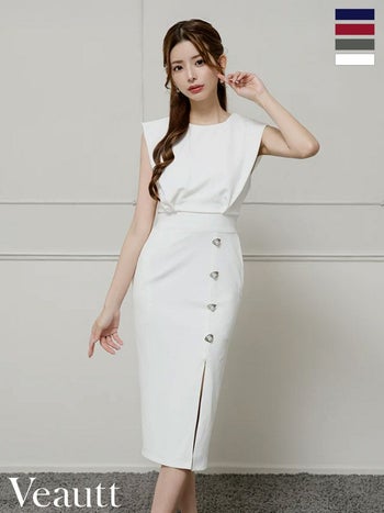 キャバドレス Veautt ヴュート ウエストマーク ボタン ワンカラー ノースリーブ シンプル スリット 膝丈ドレス
