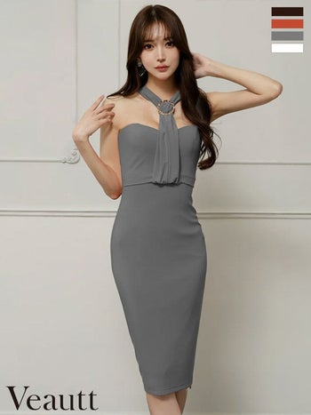 キャバドレス Veautt ヴュート ホルターネック リング ジップデザイン ワンカラー エレガント 膝丈ドレス