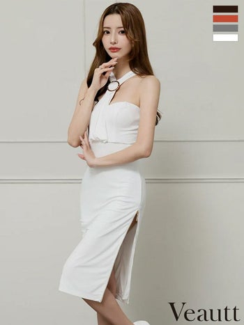 キャバドレス Veautt ヴュート ジップデザイン ワンカラー エレガント ホルターネック リング 膝丈ドレス