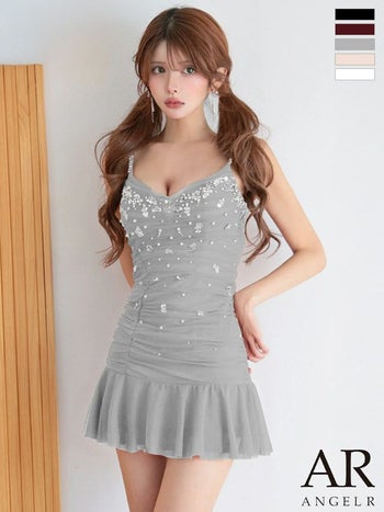 キャバドレス Angel R エンジェルアール ビジュー フリル メッシュ キャミソール ウエストギャザー フレアミニドレス