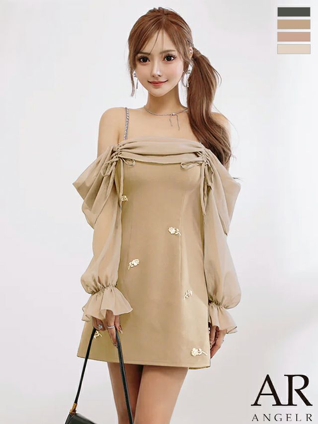 キャバドレス Angel R エンジェルアール オフショルダー 肩あき シアー 長袖 リボン フラワービジュー バイカラー フェミニン 2way フレアミニドレス