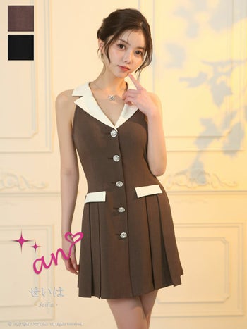 キャバドレス an 襟付き ノースリーブ プリーツ ポケット ボタン フレアミニドレス