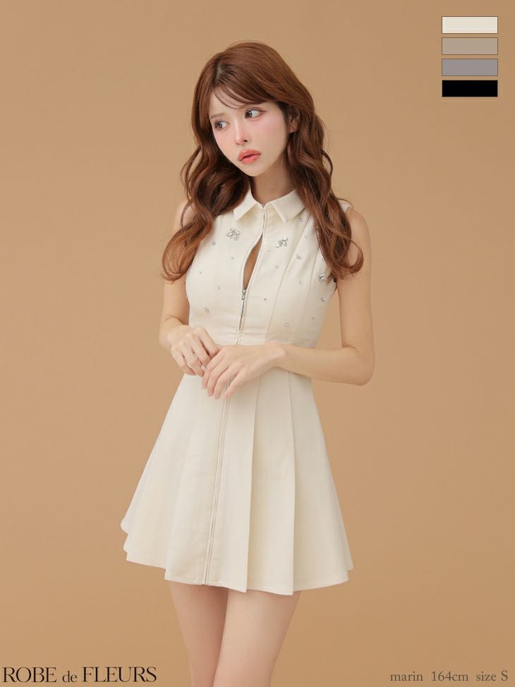 キャバドレス ROBEdeFLEURS ローブドフルール 襟付き ノースリーブ ジップデザイン プリーツスカート クラシカル フレアミニドレス