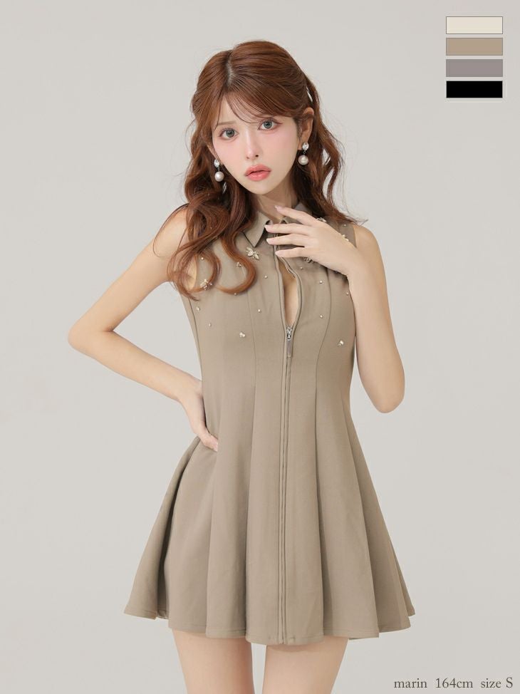 キャバドレス ROBEdeFLEURS ローブドフルール 襟付き プリーツスカート クラシカル ノースリーブ ジップデザイン フレアミニドレス