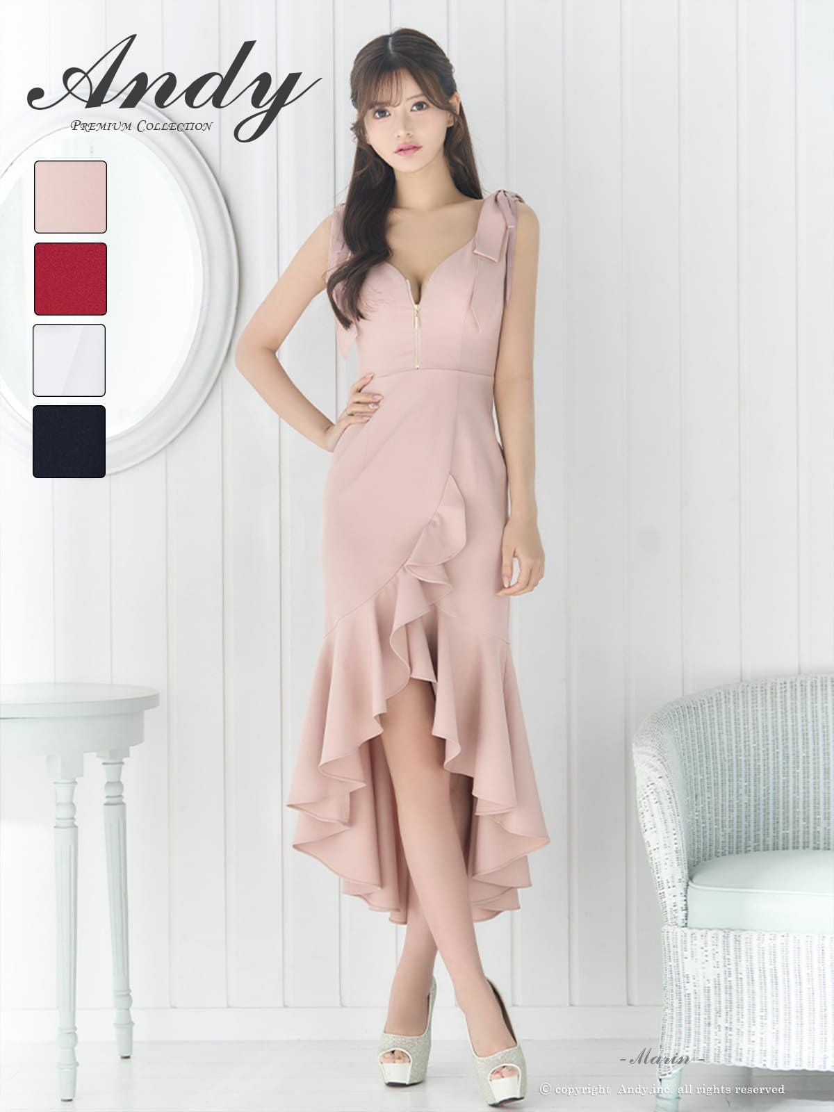 キャバドレス Andy ジップデザイン ショルダーリボン ノースリーブ フリル ワンカラー ロングテールドレス