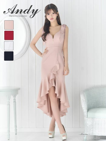 キャバドレス Andy ジップデザイン ショルダーリボン ノースリーブ フリル ワンカラー ロングテールドレス