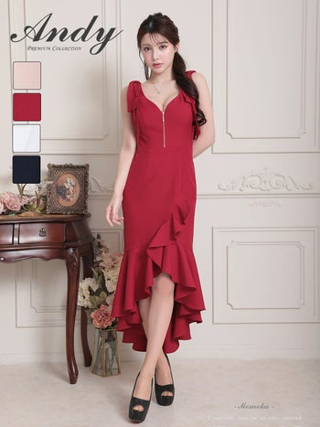 キャバドレス Andy ジップデザイン ショルダーリボン フリル ノースリーブ ワンカラー ロングテールドレス