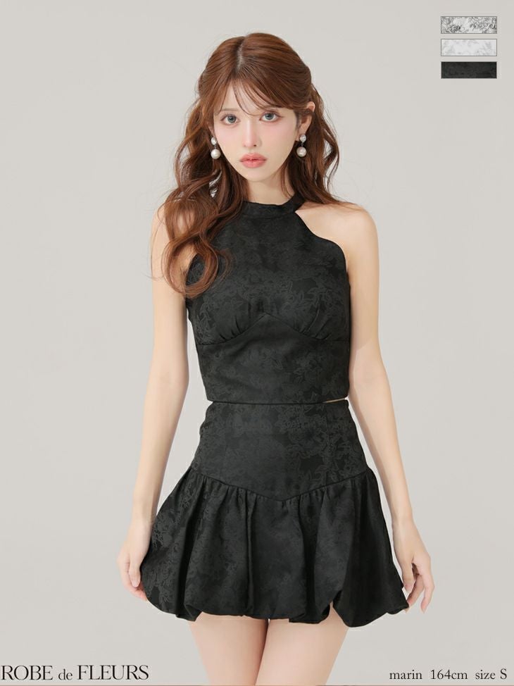 キャバドレス ROBEdeFLEURS ローブドフルール 花柄ジャガード セットアップ ホルターネック バックリボン ラメレース フレアミニドレス