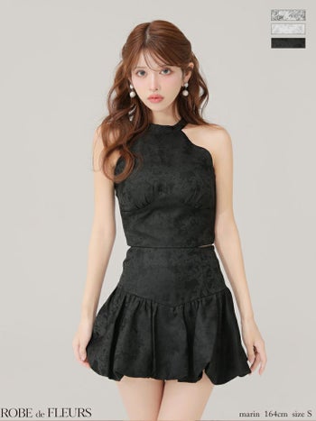キャバドレス ROBEdeFLEURS ローブドフルール 花柄ジャガード セットアップ ホルターネック バックリボン ラメレース フレアミニドレス