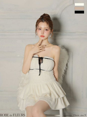 キャバドレス ROBEdeFLEURS ローブドフルール ベアトップ ジャギーニット セットアップ フリル ティアードスカート リボン ガーリー フレアミニドレス