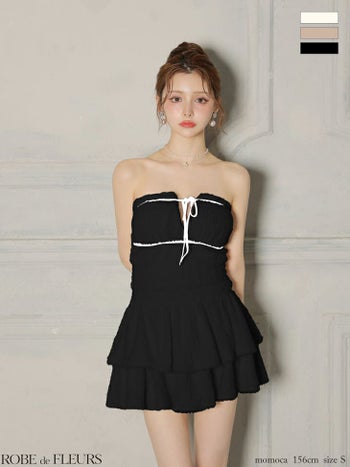キャバドレス ROBEdeFLEURS ローブドフルール フリル ティアードスカート ベアトップ ジャギーニット セットアップ リボン ガーリー フレアミニドレス
