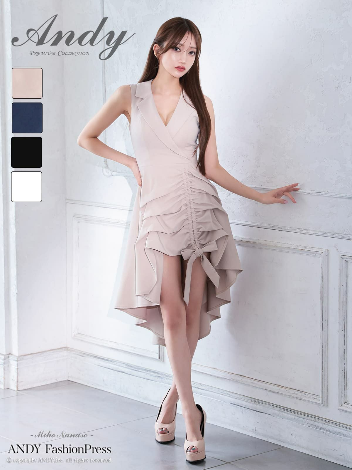 キャバドレス Andy ノースリーブ 襟付き フリル ティアード リボン ドローストリング ロングテールドレス