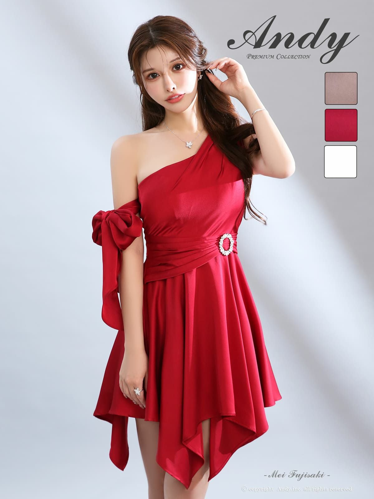 キャバドレスAndy アームリボン 取り外し可能 ワンショルダー アシンメトリー ウエストベルト ビジュー フレアミニドレス