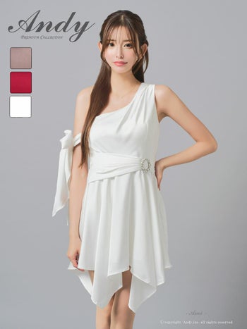 キャバドレス Andy アームリボン 取り外し可能 アシンメトリー ワンショルダー ウエストベルト ビジュー フレアミニドレス