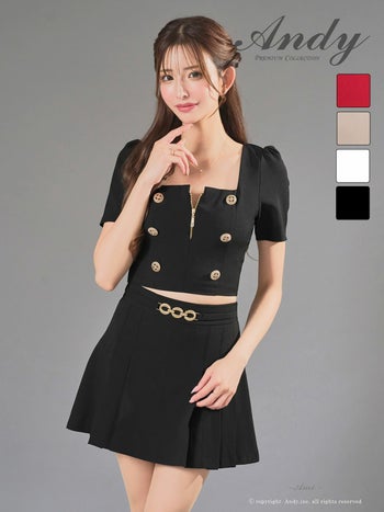 キャバドレス Andy 半袖 セットアップ ジップデザイン スクエアネック ボタン プリーツ チェーン フレアミニドレス