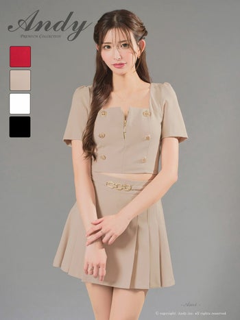 キャバドレス Andy セットアップ 半袖 ジップデザイン スクエアネック ボタン プリーツ チェーン フレアミニドレス