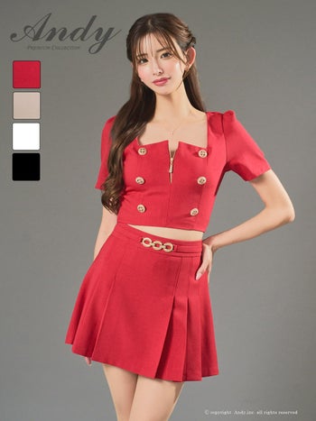 キャバドレス Andy セットアップ ジップデザイン 半袖 スクエアネック ボタン プリーツ チェーン フレアミニドレス