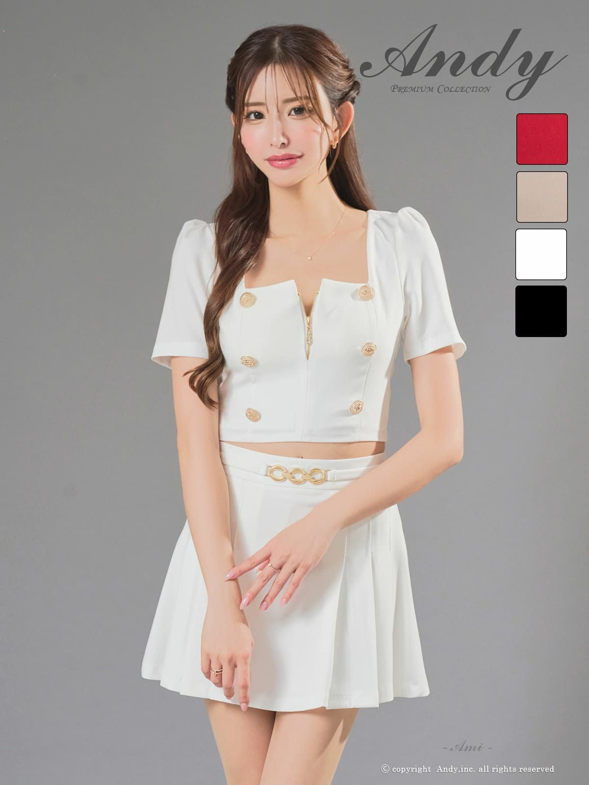 キャバドレス Andy セットアップ ジップデザイン スクエアネック 半袖 ボタン プリーツ チェーン フレアミニドレス