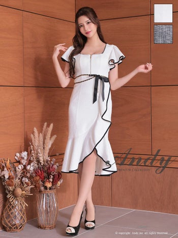 キャバドレス Andy ジップデザイン ノースリーブ ツイード チェーンベルト ウエストリボン フリル 膝丈ドレス
