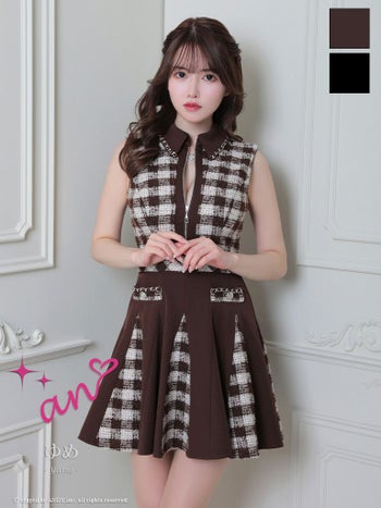 キャバドレス an ノースリーブ ジップデザイン チェック柄 襟付き プリーツ フレアミニドレス