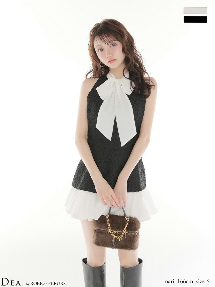 キャバドレス DEA. ROBE de FLEURS ディア ローブドフルール ハイネック ボウタイ シフォンノースリーブ セットアップ ツイード タイトミニドレス