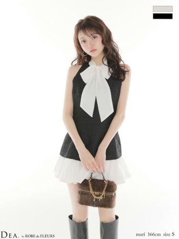 キャバドレス DEA. ROBE de FLEURS ディア ローブドフルール ハイネック ボウタイ シフォンノースリーブ セットアップ ツイード タイトミニドレス