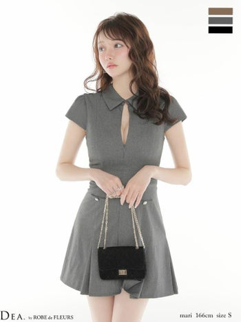 キャバドレス DEA.by ROBE de FLEURS ディア ジップデザイン 半袖 ウエストボタン ラメツイル プリーツスカート 襟付き フレアミニドレス
