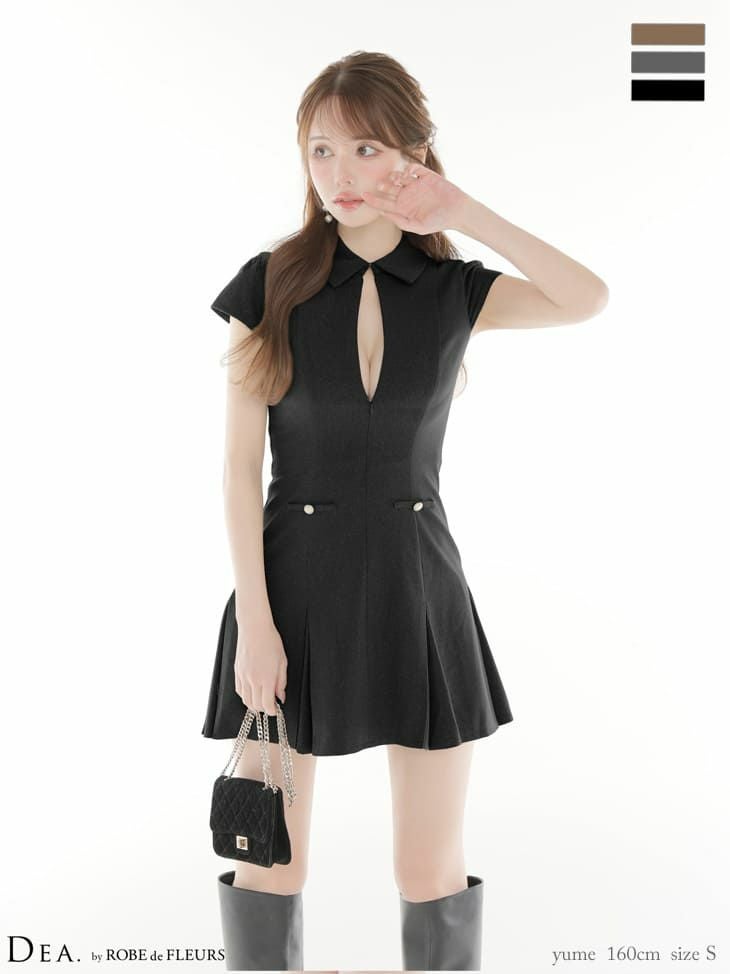 キャバドレス DEA.by ROBE de FLEURS ディア 半袖 ウエストボタン ラメツイル プリーツスカート 襟付き ジップデザイン フレアミニドレス