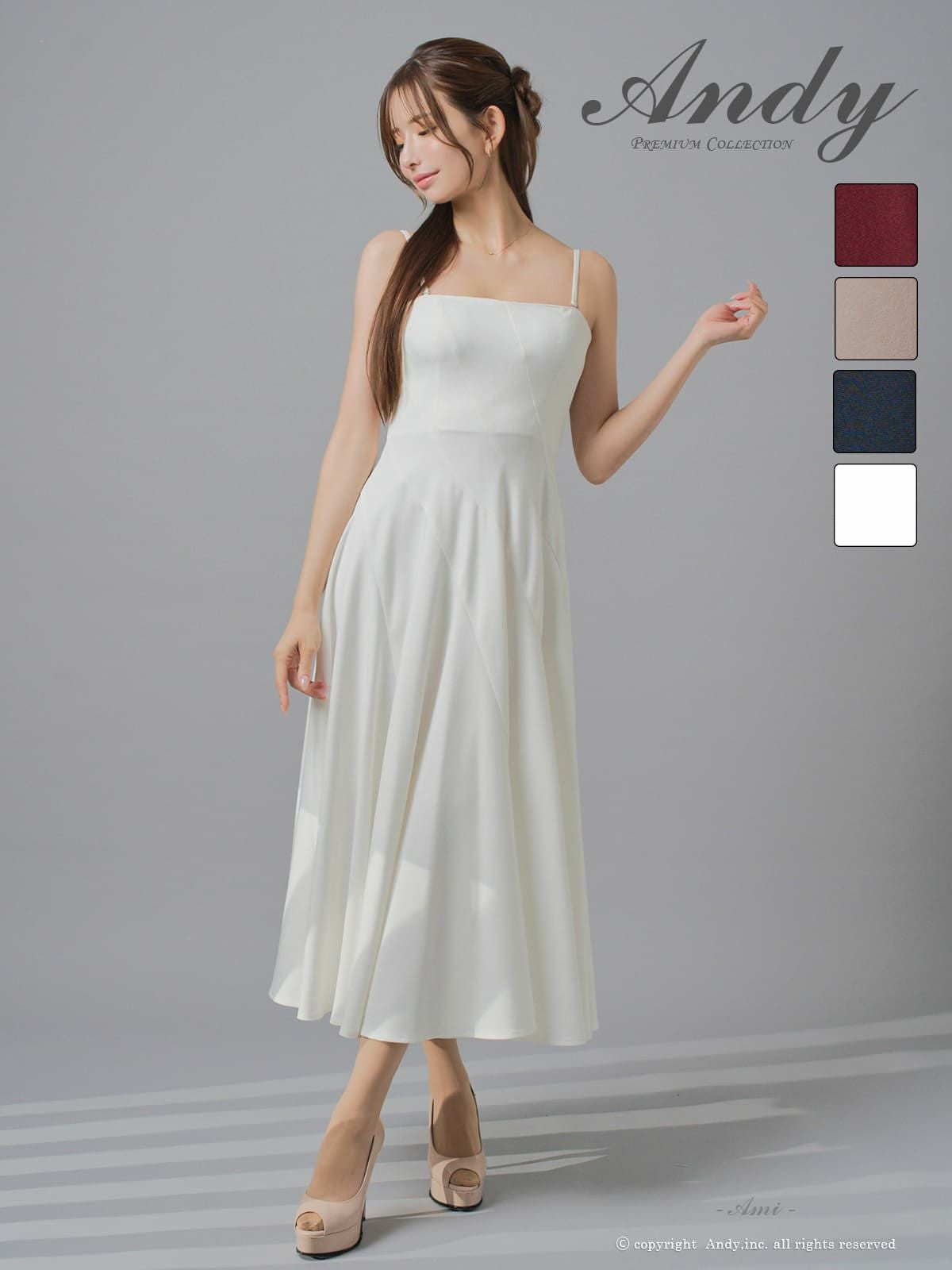 キャバドレス Andy 2way キャミソール ベアトップ ワンカラー プリーツ ミモレ丈 Aラインロングドレス