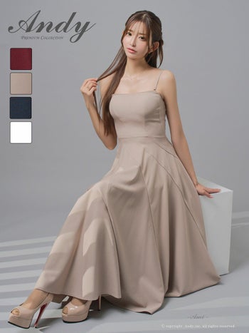キャバドレス Andy 2way ベアトップ ワンカラー キャミソール プリーツ ミモレ丈 Aラインロングドレス
