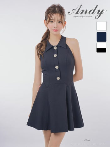 キャバドレス Andy 襟付き ノースリーブ ボタン プリーツ フレアミニドレス