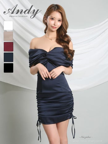 キャバドレス Andy バストクロス オフショルダー ギャザー サテン リボン ドローストリング タイトミニドレス