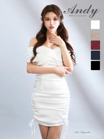 キャバドレス Andy バストクロス ギャザー サテン オフショルダー リボン ドローストリング タイトミニドレス