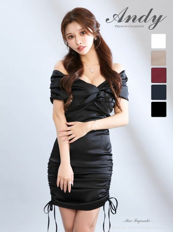 キャバドレス Andy バストクロス ギャザー サテン リボン オフショルダー ドローストリング タイトミニドレス