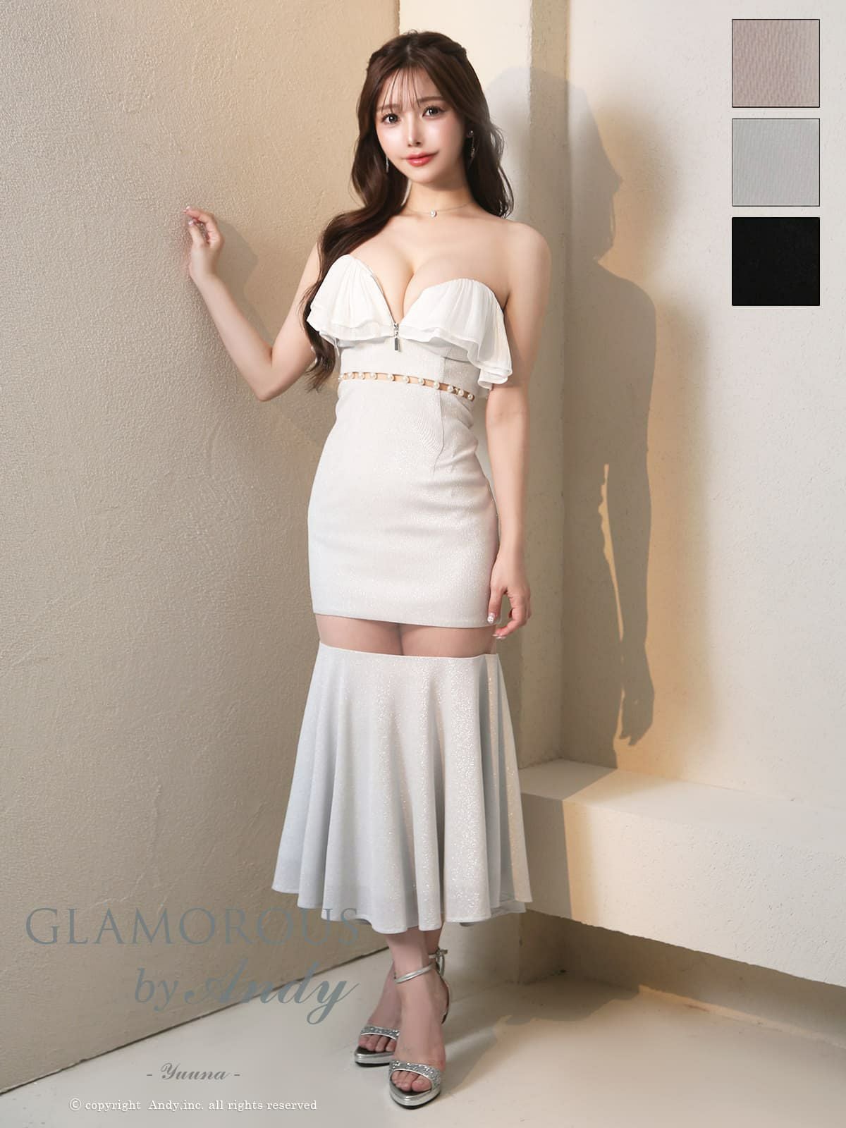 キャバドレス GLAMOROUS フリル シアー ベアトップ パール マーメイドロングドレス