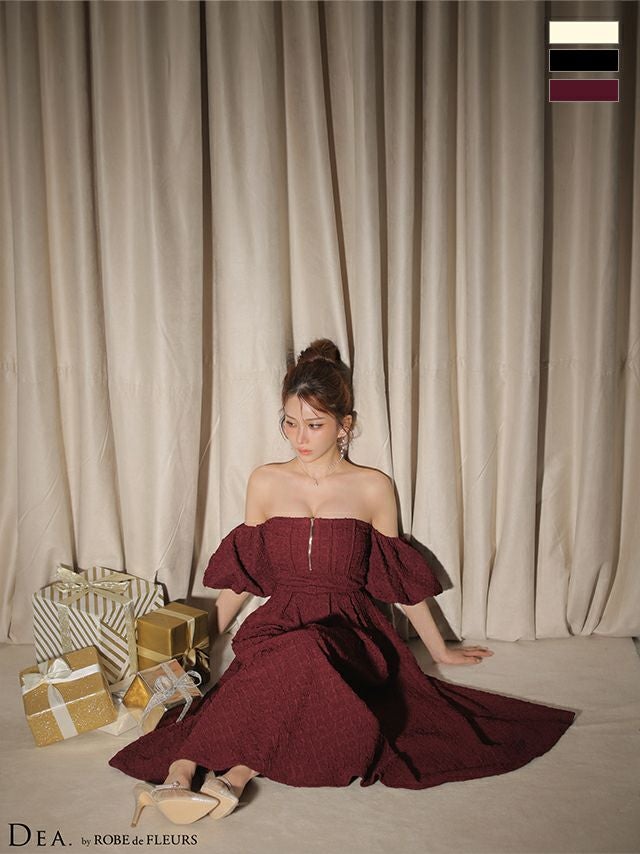 キャバドレス DEA. ROBE de FLEURS ディア ローブドフルール 肩あき ラメジャガード 2way バルーンスリーブ ジップデザイン ウエストベルト オフショルダー Aラインロングドレス