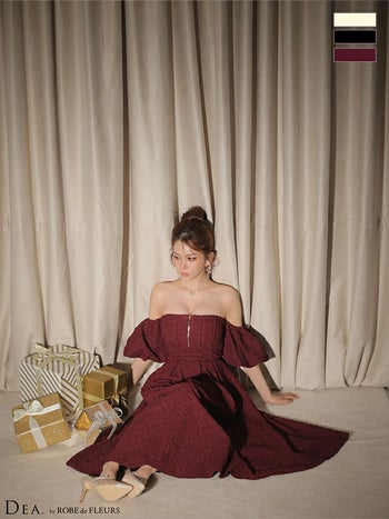 キャバドレス DEA. ROBE de FLEURS ディア ローブドフルール 肩あき ラメジャガード 2way バルーンスリーブ ジップデザイン ウエストベルト オフショルダー Aラインロングドレス
