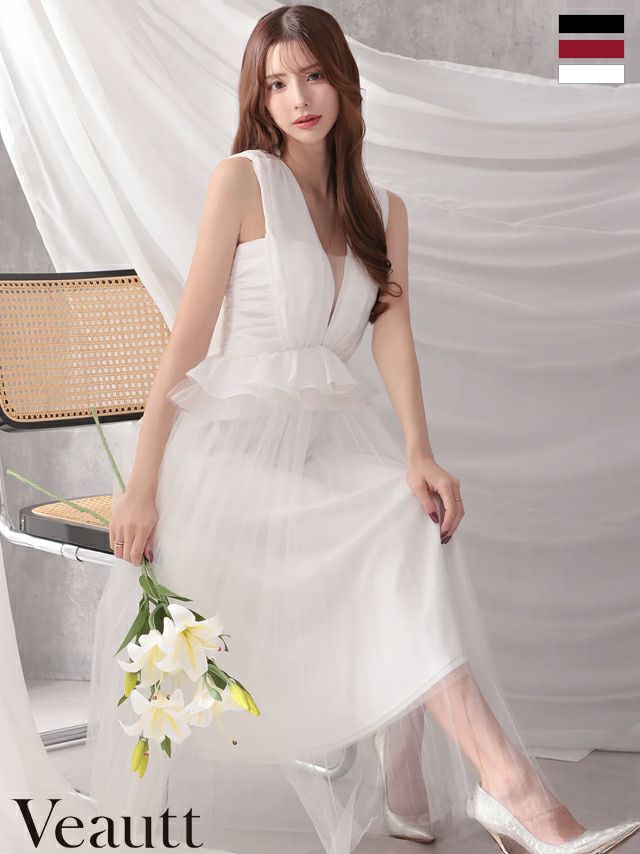 キャバドレス Veautt ヴュート ノースリーブ ペプラム シフォン チュール ウエストフリル ドレープ Aラインロングドレス