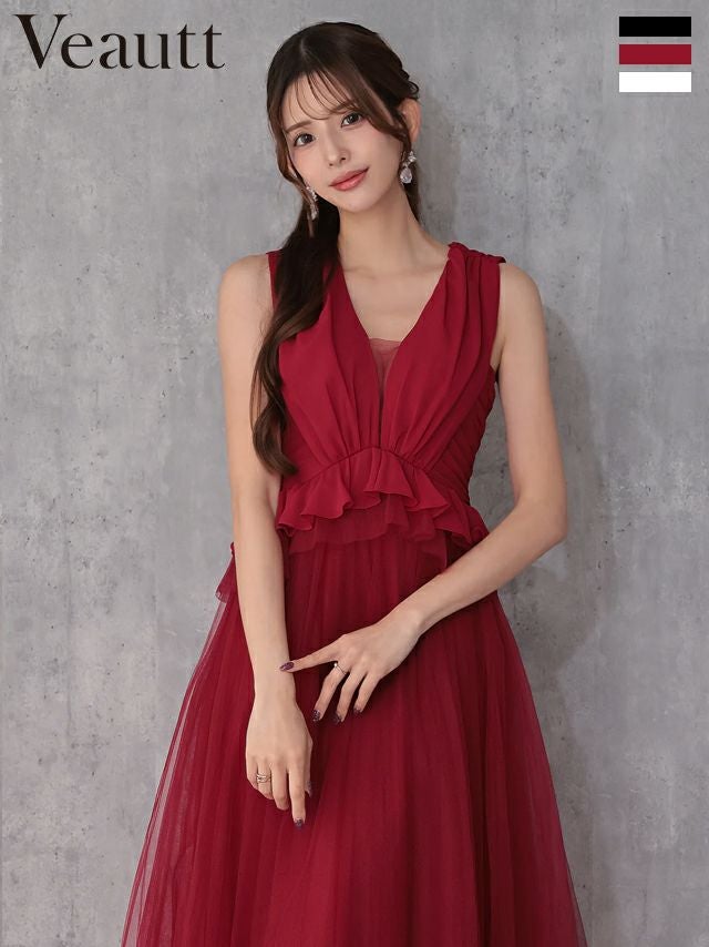 キャバドレス Veautt ヴュート シフォン チュール ウエストフリル ノースリーブ ペプラム ドレープ Aラインロングドレス