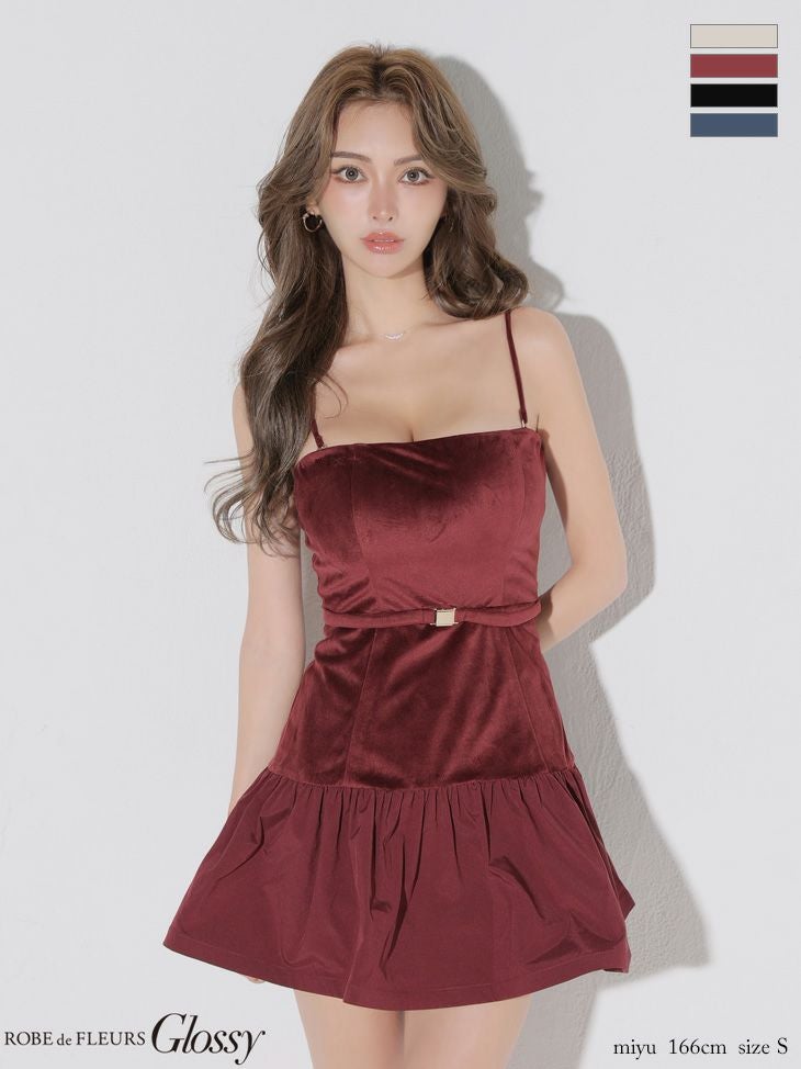 キャバドレス Glossy ROBE de FLEURS グロッシー ローブドフルール バルーン バックル ベロア キャミソール 2way ベアトップ フレアミニドレス