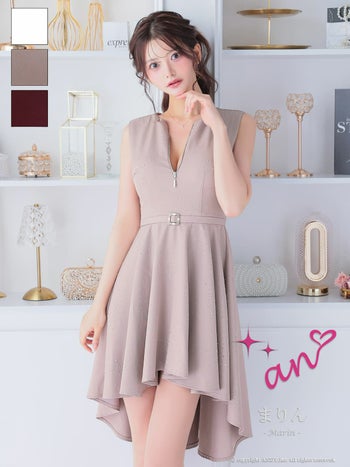 キャバドレス an ジップデザイン ウエストベルト ノースリーブ ビジュー フリル ロングテールドレス