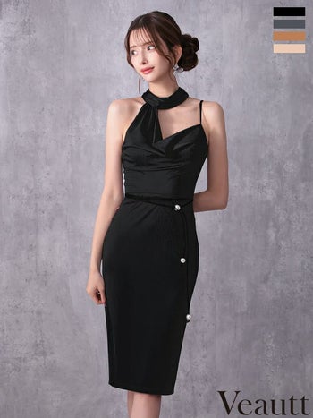 キャバドレス Veautt ヴュート アシンメトリー ウエストベルト ドレープネック ホルターネック パール セクシー 膝丈ドレス