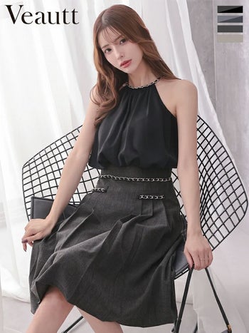 キャバドレス Veautt ヴュート ホルターネック サテン バイカラー チェーン フレア 膝丈ドレス